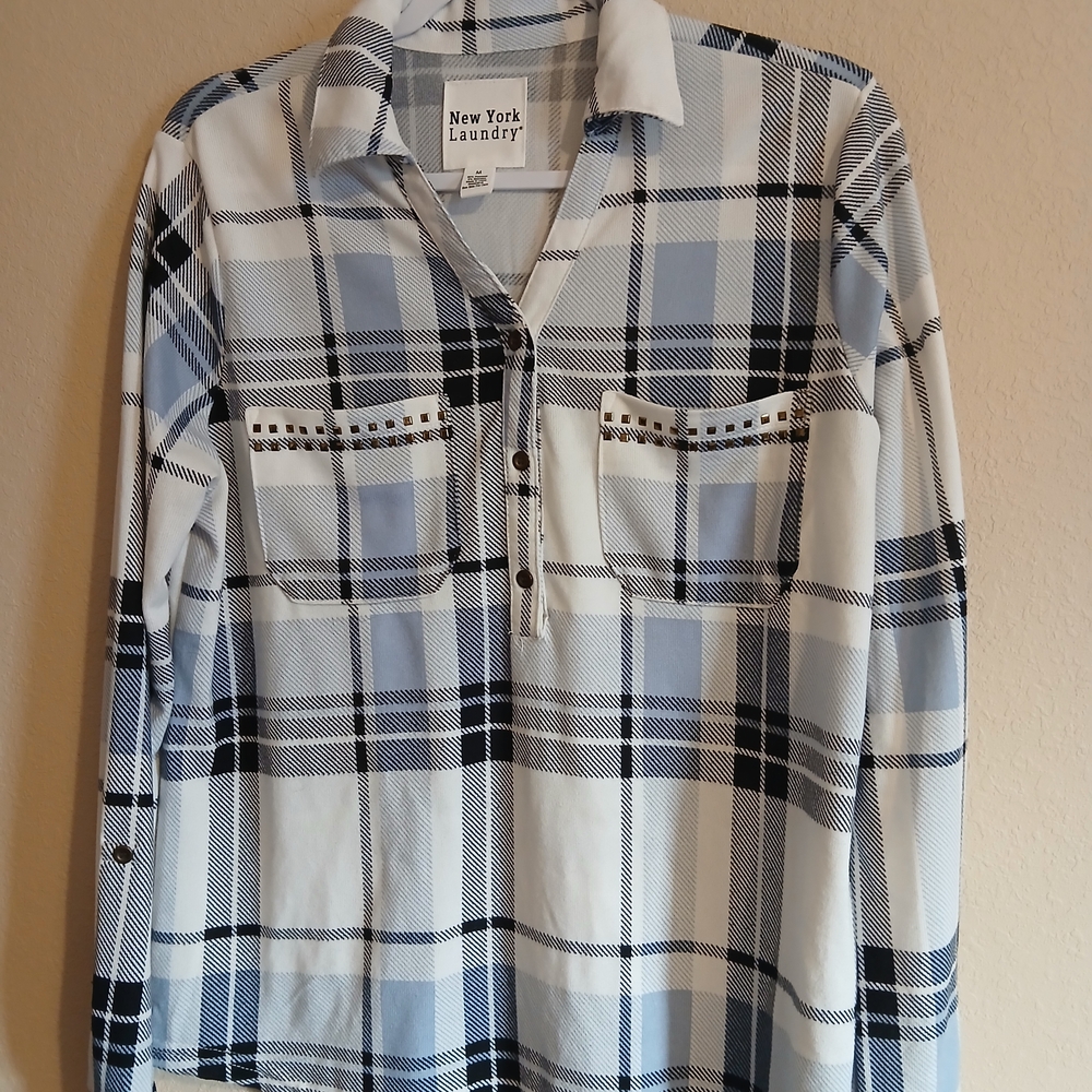New York Laundry Blue and White Plaid Top